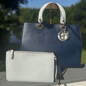 Christian Dior Diorissimo Tote – Blue Calfskin with White Handles